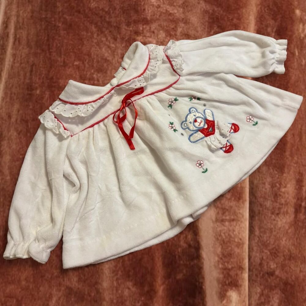 Vintage Lace Collar Embroidered Teddy Bear White Kids Baby Top Dress